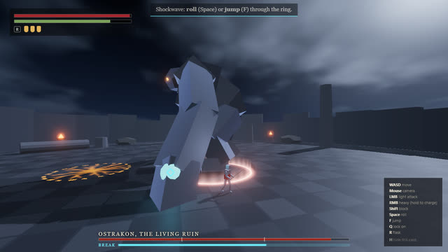 Milestone 1: flat grey blocks for the golem and a checkered floor, with a red shockwave ring.