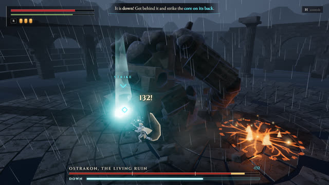 Milestone 2: the Blender-built golem kneeling, its back core open.