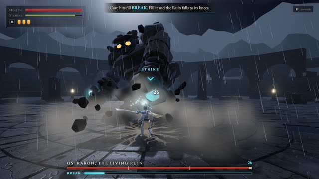 Milestone 3: a blade strike on an arm core with a cyan flare and a warm sword trail.